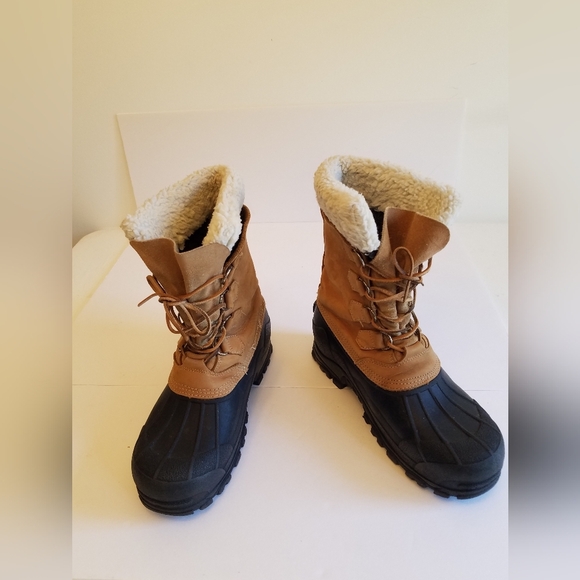 Polaris Men\'s Leather Insulated Boots Lined Sherpa Trim Size 8 Black Tan